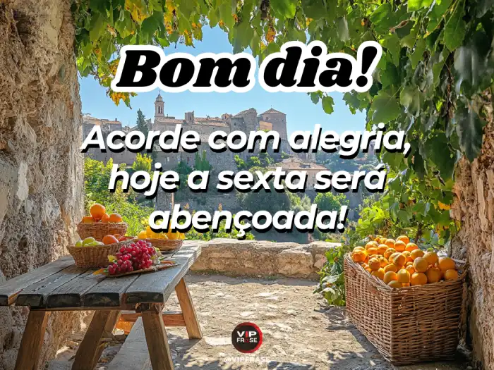 Imagem de uma manhã ensolarada com a mensagem de bom dia sexta-feira abençoada, convidando à alegria e reflexão positiva."