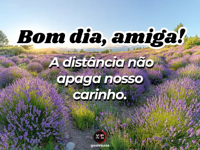 Mensagem de bom dia para amiga distante com coração e texto 'Distância não apaga nosso carinho' em fundo afetivo