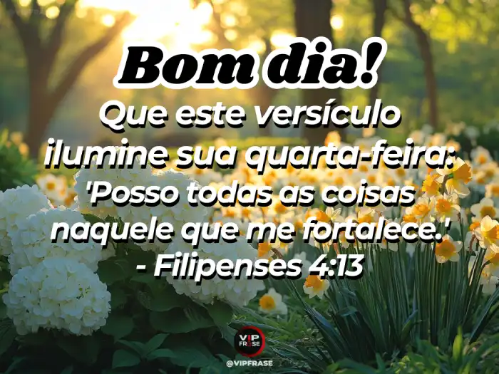 Mensagem de bom dia quarta-feira com o versículo Filipenses 4:13, 'Tudo posso naquele que me fortalece.