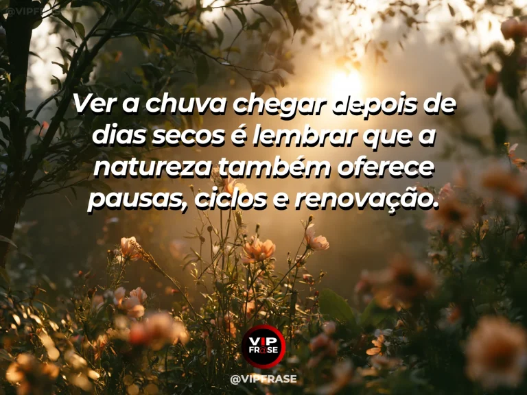 Chuva suave caindo sobre jardim depois de dias secos, folhas verdes molhadas, gotas brilhantes, sensação de renovação natural