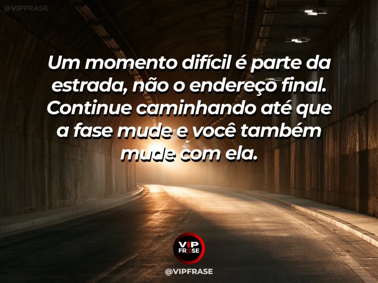 Frase motivacional sobre superação, com uma estrada longa saindo de uma tempestade em direção ao céu aberto.