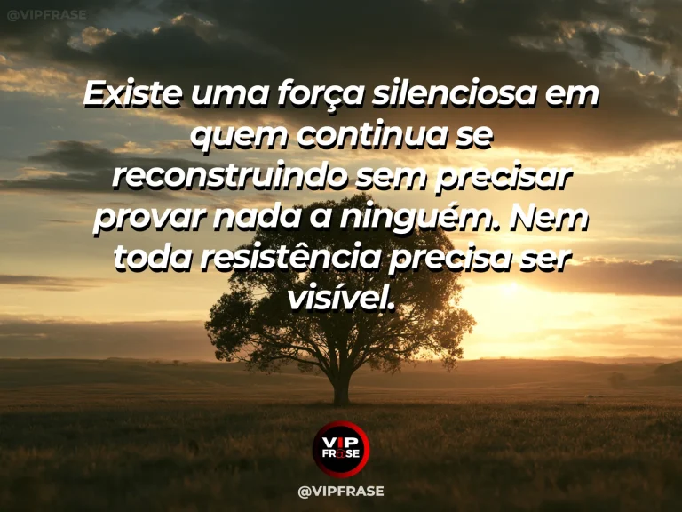 Mensagem reflexiva sobre força interior e resiliência, com árvore antiga e forte em campo verde sob céu vivo.