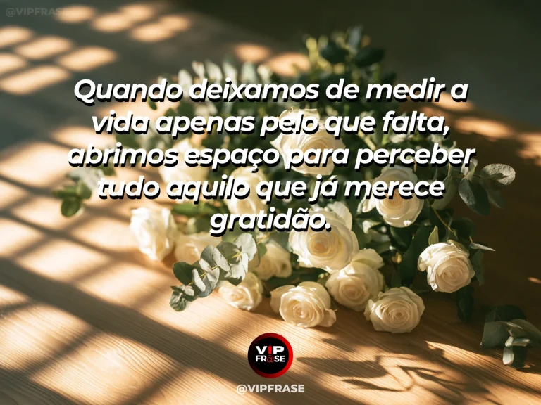 Mensagem de gratidão sobre a leveza de valorizar o que existe, em interior claro e organizado com poucos objetos significativos