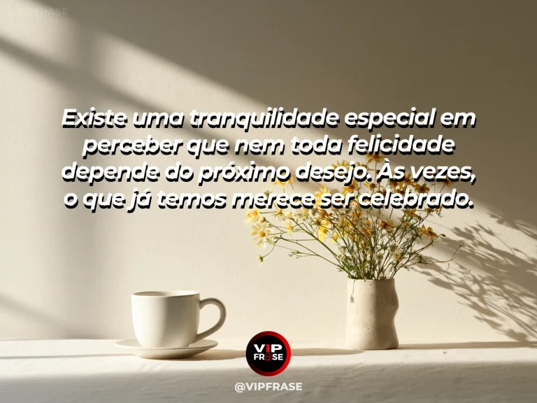 Mensagem de gratidão sobre a paz de reconhecer o suficiente, em ambiente sereno e minimalista com luz natural