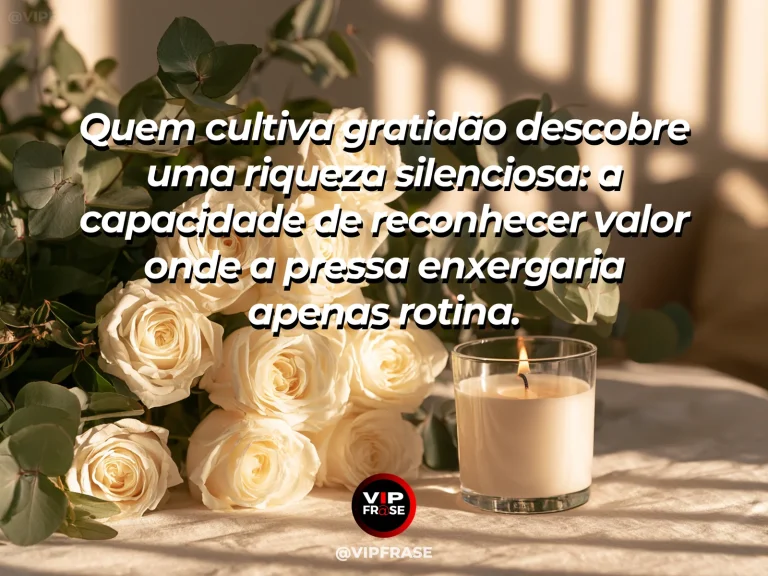 Mensagem de gratidão sobre a riqueza de um coração agradecido, em interior elegante e minimalista banhado por luz suave