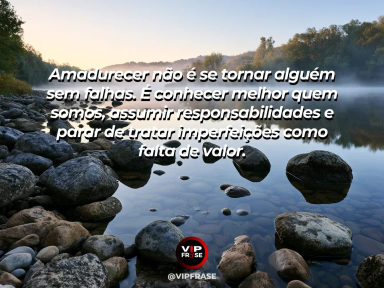 Mensagem reflexiva sobre autoaceitação e amadurecimento, com vaso artesanal com pequenas imperfeições e flores coloridas.