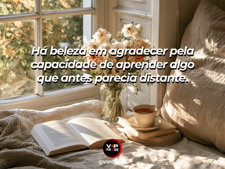 Frase de gratidão com livro aberto com luz quente e atmosfera de descoberta