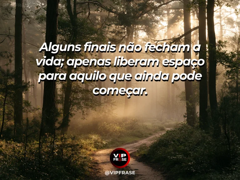 Frase reflexiva sobre recomeço com caminho ensolarado entre árvores e flores.