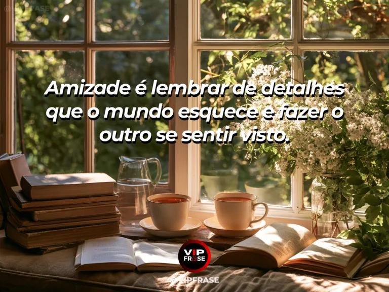 Frase sobre amizade com duas xícaras pequenas ao lado de um caderno fechado e flores.