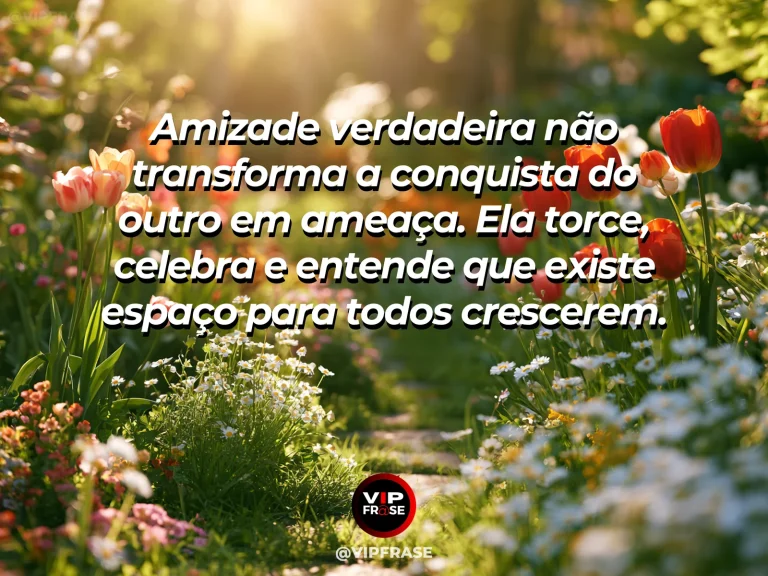 Mensagem de amizade sobre amizade não é competição, é torcida, em cena de duas plantas altas florescendo juntas em vasos separados, sugerindo crescimento sem competição.