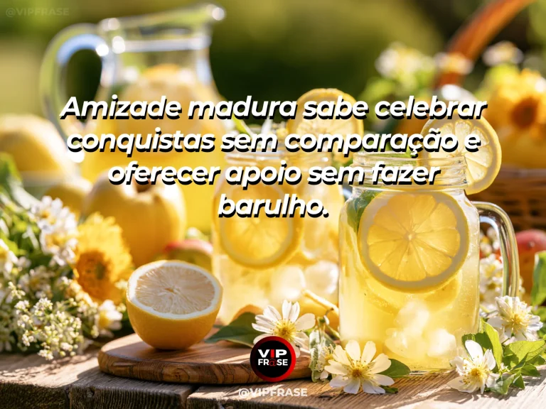 Frase sobre amizade com duas taças de suco erguidas diante de uma vista ensolarada, sem pessoas visíveis.