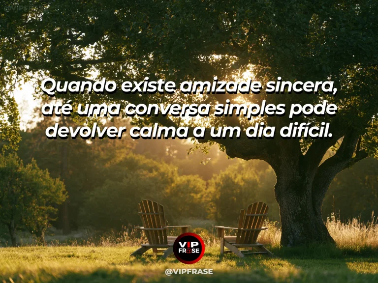 Frase sobre amizade com duas cadeiras sob uma árvore frondosa em uma tarde tranquila.