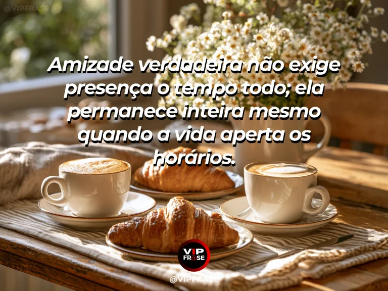 Frase sobre amizade com duas xícaras sobre uma mesa de café iluminada pelo sol da manhã.