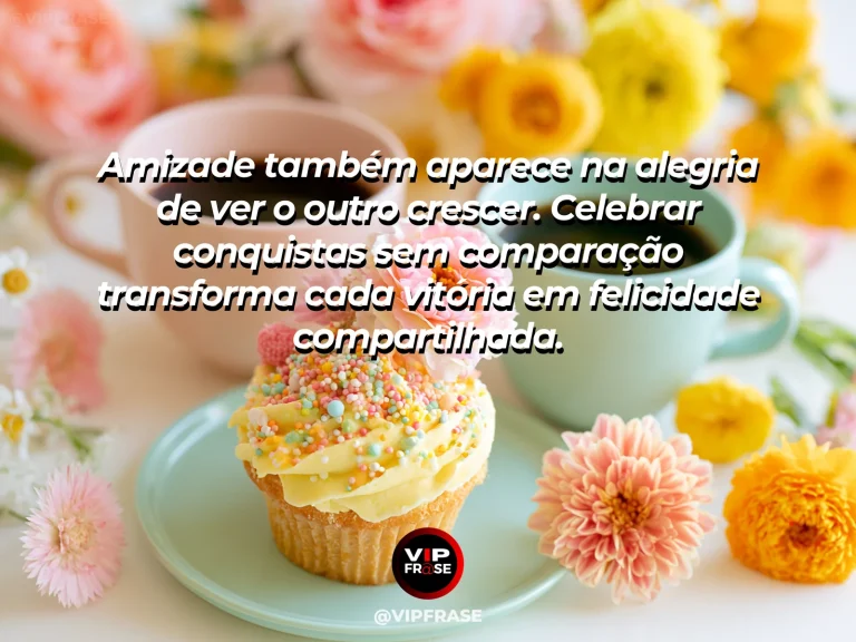 Mensagem de amizade sobre amizade também é celebrar cada conquista, em cena de mesa festiva discreta com duas taças sem álcool, flores e pequenos confetes, sugerindo celebração sincera de uma conquista.