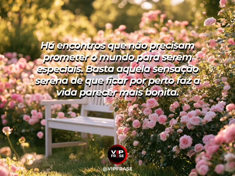 Mensagem sobre amor e permanência com banco para dois em jardim tranquilo.