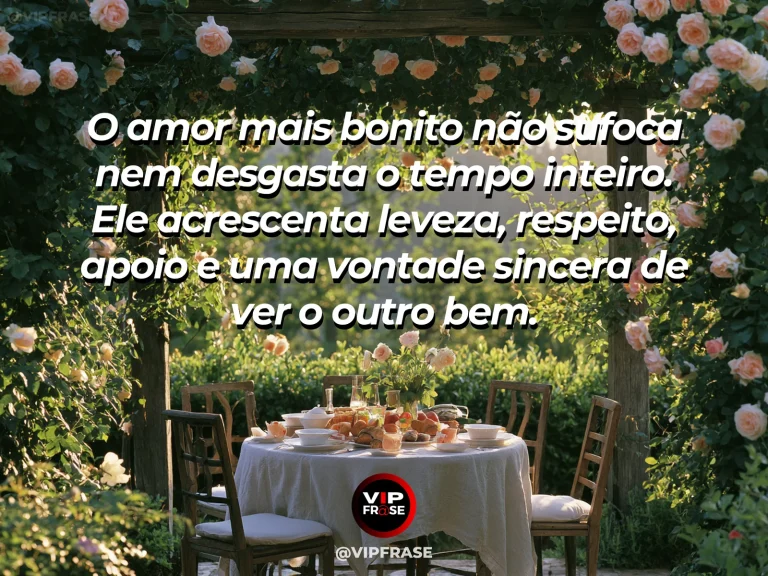 Mensagem sobre amor saudável com duas cadeiras em jardim aberto e iluminado.