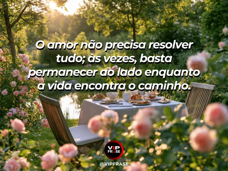 Frase sobre amor, com dois bancos diante de um caminho com neblina.