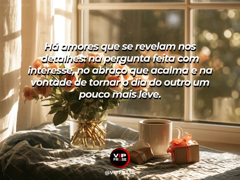 Mensagem sobre amor e carinho com duas xícaras e flores em cena acolhedora.