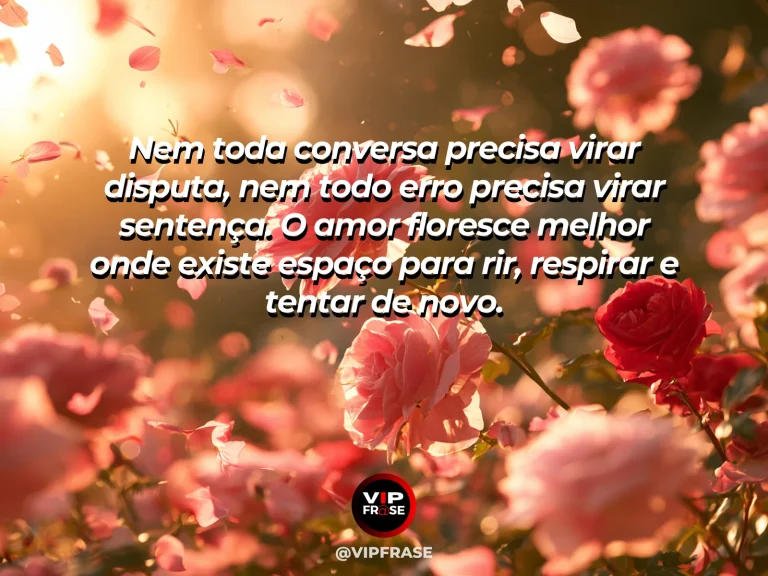Mensagem sobre leveza no amor com varanda ensolarada, cortinas e flores.