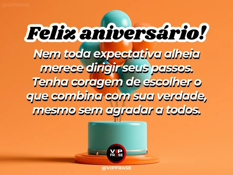 Frase de aniversário sobre coragem e autenticidade, com caminho iluminado e balões dourados.
