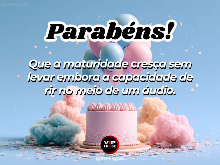 Frase divertida de aniversário, com celular, fones e detalhes discretos de festa.