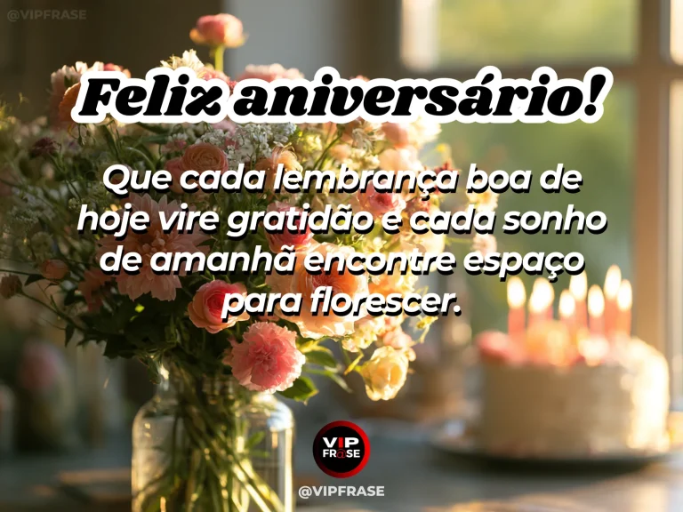 Frase de aniversário sobre gratidão e esperança, com fotografias e flores iluminadas.