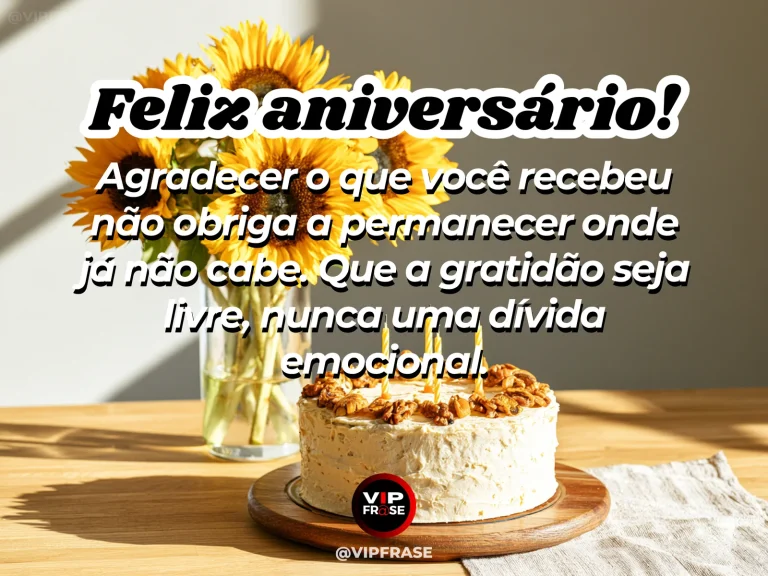 Frase de aniversário sobre gratidão e liberdade, com presente aberto, flores e fita solta.