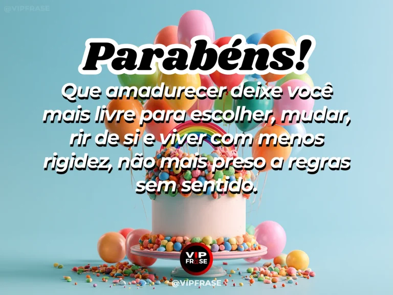 Frase de aniversário sobre maturidade e liberdade, com figura distante em campo aberto.