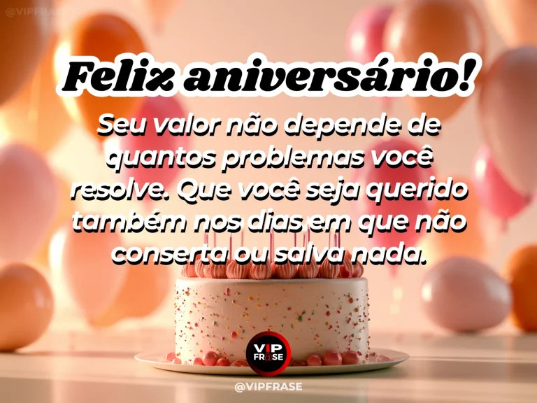 Frase de aniversário sobre autoestima e carinho, com mesa de festa simples e tranquila.