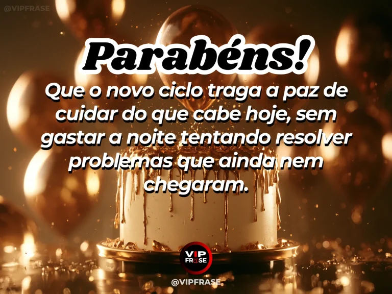 Frase de aniversário sobre viver o presente, com quarto sereno durante a noite.