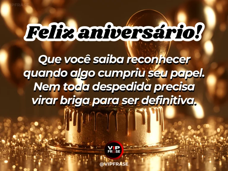 Frase de aniversário sobre encerrar ciclos em paz, com caminho se dividindo ao pôr do sol.