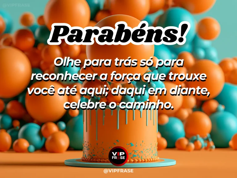 Frase de aniversário sobre força e superação, com trilha percorrida e horizonte iluminado.
