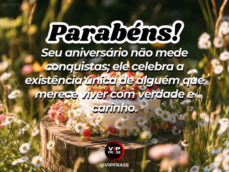 Frase de aniversário sobre autoestima, com celebração simples, flores e bolo artesanal.