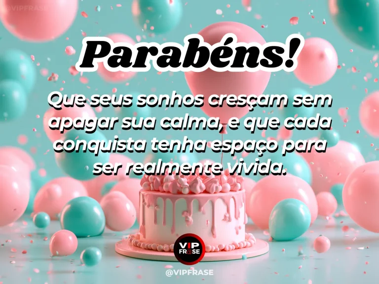 Frase de aniversário sobre sonhos e paz, com campo sereno e balões sob um céu amplo.