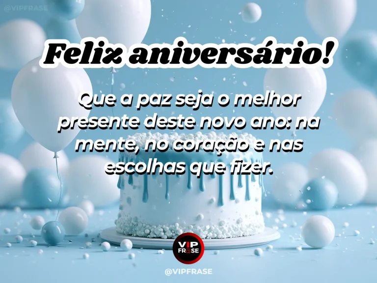 Frase de aniversário sobre paz, com presente delicado junto a uma janela iluminada.