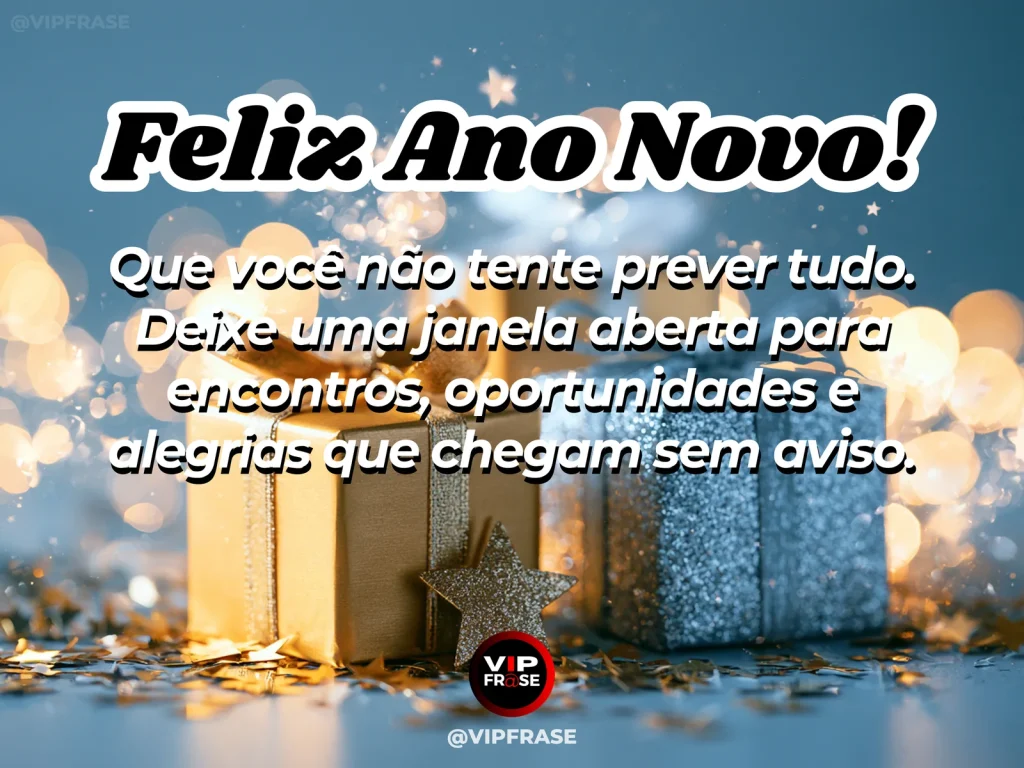 Mensagem de Ano Novo sobre otimismo, com janela aberta para um jardim luminoso com cortina leve ao vento, flores e céu azul de manhã.