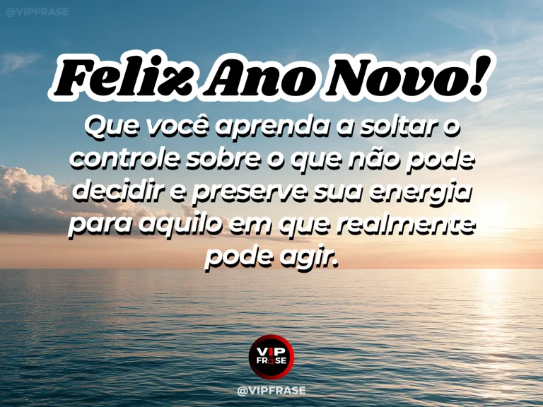 Mensagem de Ano Novo sobre sabedoria, com folhas sendo levadas suavemente pelo vento sobre um rio calmo, horizonte aberto e atmosfera de aceitação.
