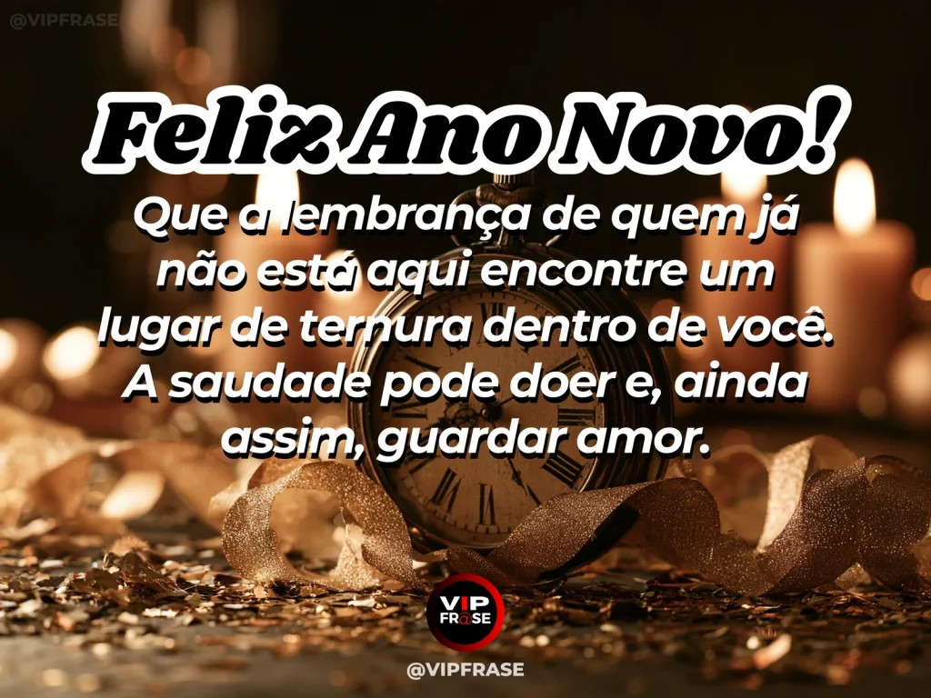 Mensagem de Ano Novo sobre saudade e memória, com banco vazio sob uma árvore.