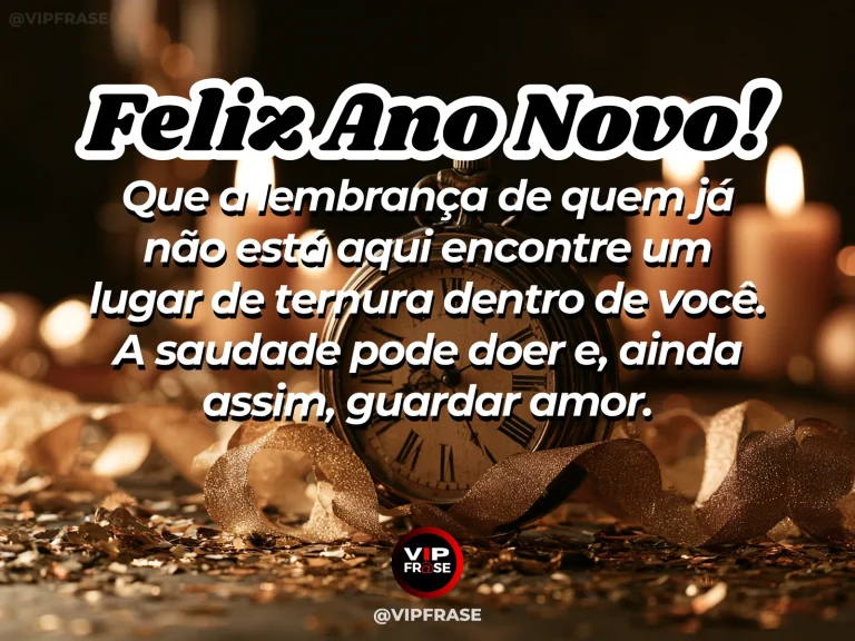Mensagem de Ano Novo sobre saudade e memória, com banco vazio sob uma árvore.