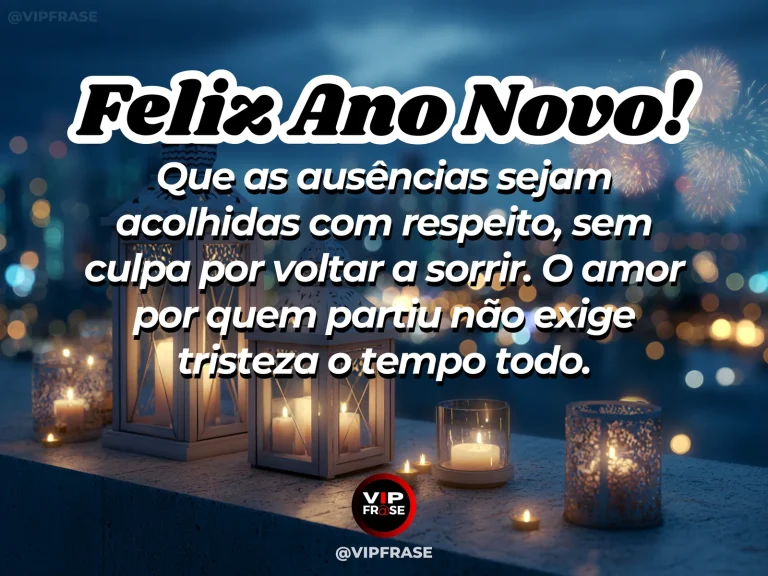 Frase de Ano Novo sobre luto e conforto, com vela acesa e flores claras.