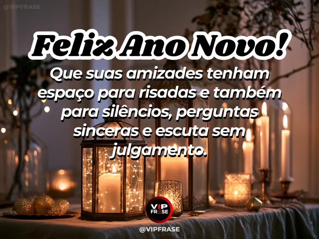 Frase de Ano Novo sobre amizade, com cenário inspirador e acolhedor.