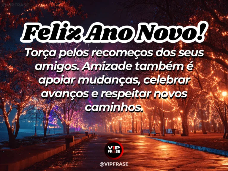 Frase de Ano Novo sobre amizade, recomeco, em cena serena com trilha iluminada com flores leves, em clima de apoio afetuoso.