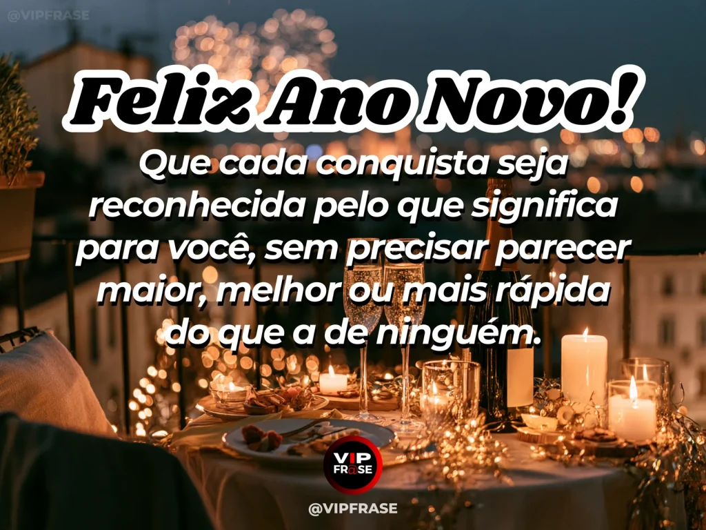 Mensagem de Ano Novo sobre sucesso, com pequenas luzes de festa sobre mesa elegante com flores, medalha simbólica sem texto e atmosfera íntima de celebração.