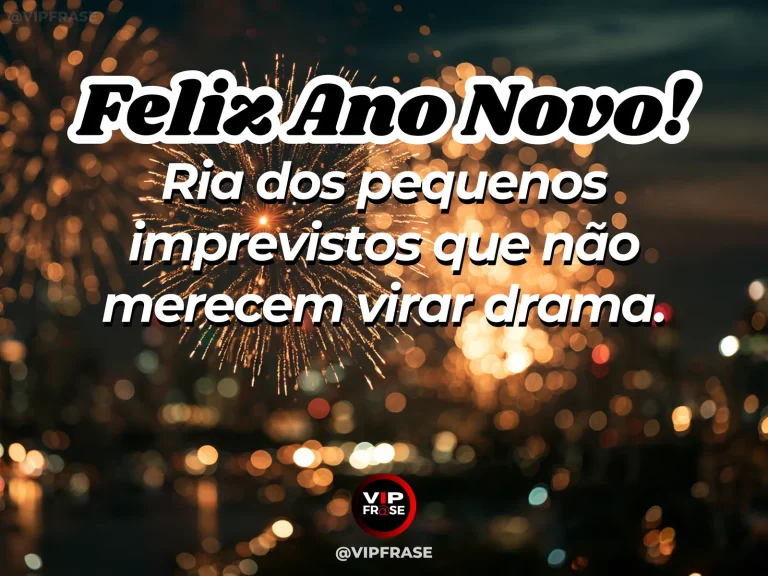 Frase de Ano Novo sobre rir dos imprevistos, com confetes sobre mesa simples.