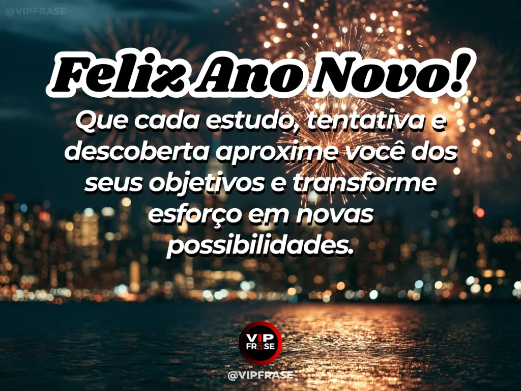 Mensagem de Ano Novo sobre estudo e sucesso, com mesa de estudos organizada junto a uma janela com luz de manhã.
