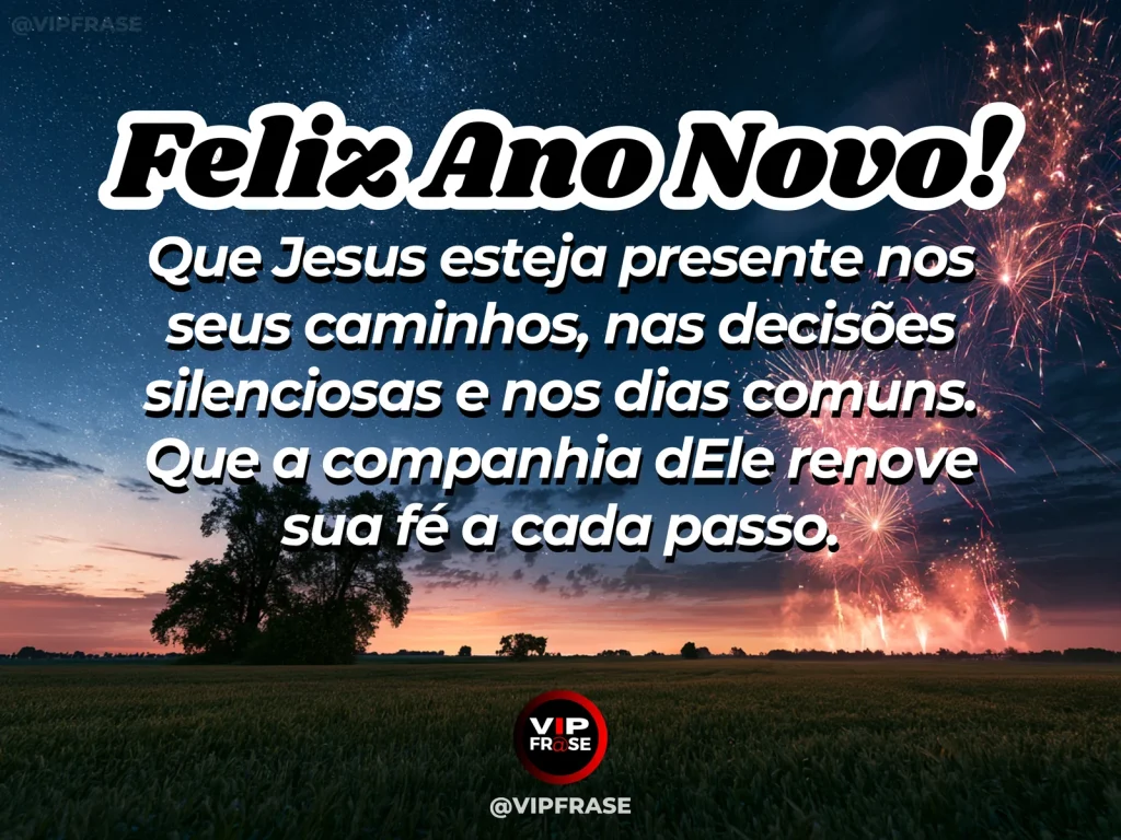 Mensagem de Ano Novo sobre caminhar com Jesus, com estrada iluminada ao amanhecer.
