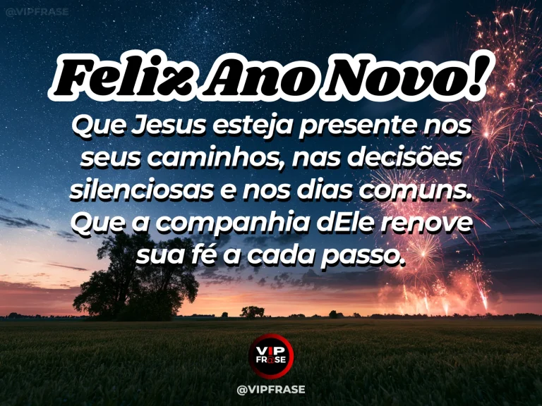 Mensagem de Ano Novo sobre caminhar com Jesus, com estrada iluminada ao amanhecer.