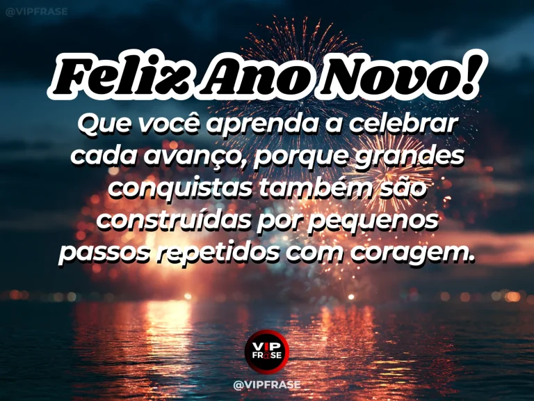 Mensagem de Ano Novo sobre sucesso e coragem, com escada de pedra iluminada degrau a degrau por pequenas luzes.