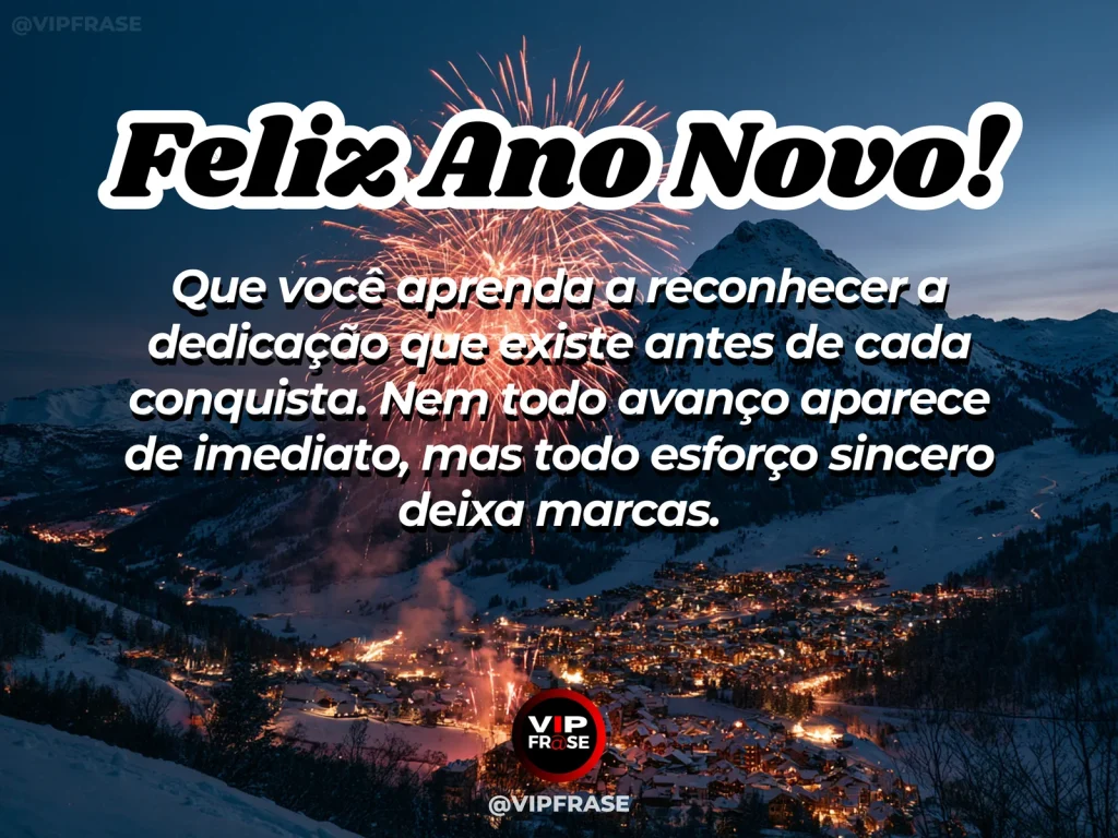 Mensagem de Ano Novo sobre esforço e conquista, com trilha iluminada no horizonte.