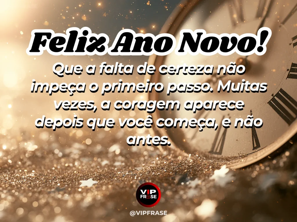 Mensagem de Ano Novo sobre coragem para começar, com escada iluminada pela manhã.